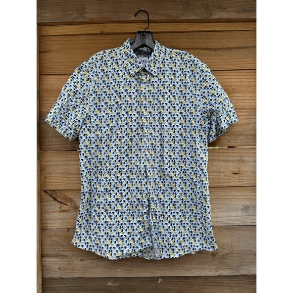 ZARA Short Sleeve Elephant Print Button Down Shirt Size Large Slim Fit - Picture 2 of 6